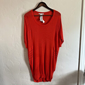 MNG by Mango Size Large Sweater Dress Top - Red Knit Sheer Short Sleeve